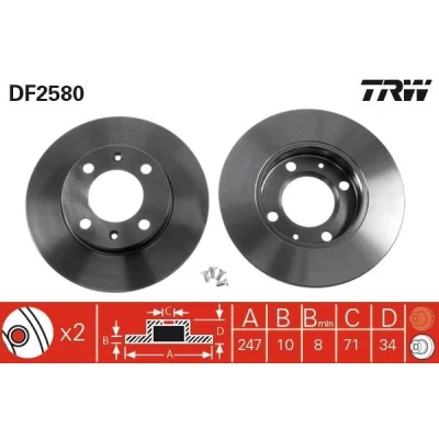 Abbildung von TRW DF2580 Bremsscheibe 247 10 4 108 voll lackiert mit Schrauben PEUGEOT: 405 I Saloon, Estate