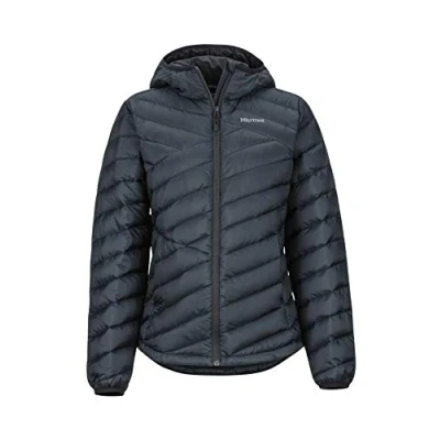 Abbildung von Marmot Damen Ultra leichte Daunenjacke, 700 Fill power, Warme Outdoorjacke, Wasserabweisend, Winddicht Wm&#039;s Highlander Hoody, Black, L, 79360
