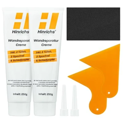 Abbildung von Hinrichs 500g Spachtelmasse Weiß Innen Wand Reparatur Weiss Paste Set aus 2x Wandspachtel 250g, Instant Repair Paste, Tüllen &amp; Schleifpapier Wall Kit Löcher füllen