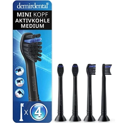 Abbildung von 4er demirdental Mini Aktivkohle Aufsätze passend für Philips Sonicare Ersatzbürsten, kleine Bürstenköpfe punktgenaue und natürliche Reinigung, Schwarz, Medium, entspricht HX4084mb
