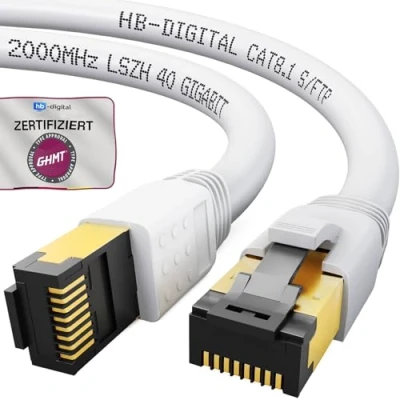 Abbildung von HB DIGITAL 2m CAT 8.1 Netzwerkkabel S/FTP LSZH, 40 Gbit/s LAN Patchkabel mit RJ45 Stecker Ethernet Data Cable 40.000 Mbit/s+GHMT Zertifikat Weiss