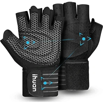 Abbildung von ihuan Belüftete Fitness Handschuhe mit Handgelenkband Unterstützung für Herren und Frauen Schwarze Trainingshandschuhe kompletter Handflächenschutz Gewichtheben, Training, Fitness, Klimmzüge