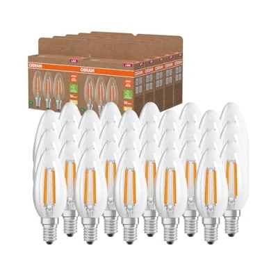 Abbildung von OSRAM Hocheffiziente LED Lampen mit Energieeffizienz Klasse A, Vorteilspack 30 Leuchtmittel, ersetzt herkömmliche 40W Glühbirnen, Kerzenform, warmweiß(2700K), E14, Filament Glas