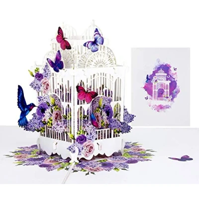 Abbildung von LIMAH® Pop Up 3D Grußkarte/Muttertag Karte, Geburtstag Dankeskarte Geschenkkarte, Kunst Vogel Karte/Voliere mit Kolibri Motiv/in Weiß Lila/Groß