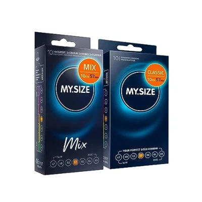 Abbildung von MY.SIZE Mix SET Größe 4, 57 mm: 10 Classic Kondome + in 4 aufregenden Sorten, mit Aroma, Farbe, Genoppt &amp;