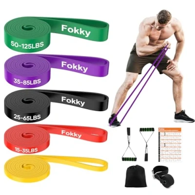 Abbildung von Fokky Fitnessbänder Widerstandsbänder mit 5 Stufen, Resistance Bands Türanker, 2*Griffen, Übungsanleitung&amp;Tragebeutel, Gymnastikband Klimmzugband Fitnessband für Muskelaufbau,Yoga,Pilates 5er Set