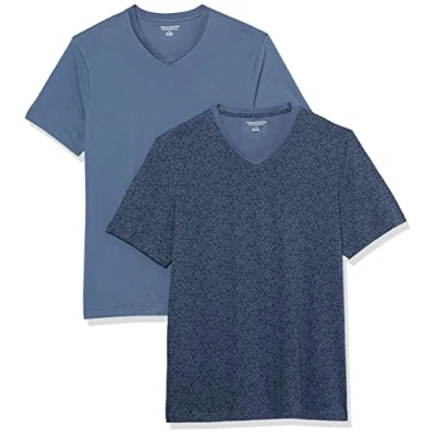 Abbildung von Amazon Essentials Herren Kurzärmelige T Shirts mit V Ausschnitt, 2er Pack, Verwaschenes Blau/Blumenaufdruck, XL