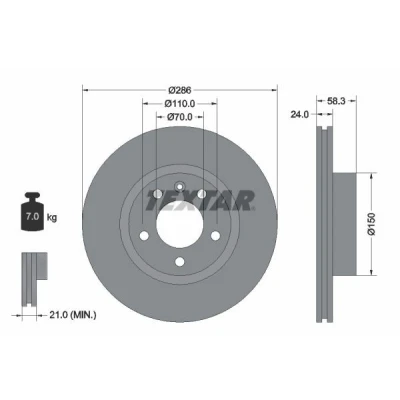 Abbildung von TEXTAR PRO 92066903 Bremsscheibe 286 24 05/06 110 innenbelüftet beschichtet ohne Radbefestigungsbolzen, Radnabe OPEL: Omega B Caravan