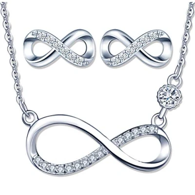 Abbildung von Yumilok Damen Ketten Halskette Ohrstecker mit Anhänger Infinity Unendlichkeit Symbol in 925 Sterling Silber Schmuck Sets für Frauen Mädchen