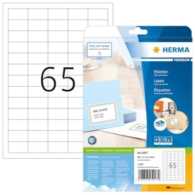 Abbildung von HERMA 5027 Universal Etiketten, 25 Blatt, 38,1 x 21,2 mm, 65 pro A4 Bogen, 1625 Stück, selbstklebend, bedruckbar, matt, blanko Papier Klebeetiketten Aufkleber, weiß