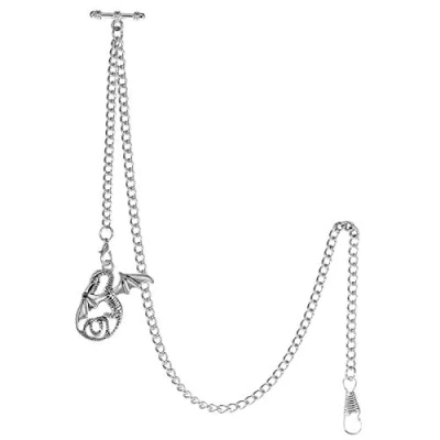 Abbildung von TREEWETO Taschenuhrkette mit T Bar Endstück Albert Taschenuhr Kette Antiker Drache Anhänger und 2 Haken für Weste Knopfloch Silber