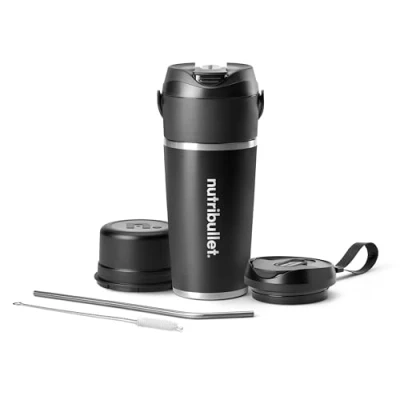 Abbildung von nutribullet Flip tragbarer Mixer, 590ml isolierter Edelstahlbecher, hält bis zu 24 Stunden kalt, mixt auch Eis und Gefrorenes, 2in1, multifunktionaler USB C Ladegerät, Schwarz, NBP016B