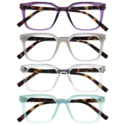 Abbildung von OPULIZE KOI Lesebrille 4er Pack Große Rechteckige Fassung Violett Grau Durchsichtig Aqua Damen Herren Unisex Federscharniere RRRR50 57CQ +1.50