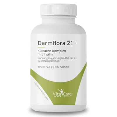 Abbildung von Vitacare Darmflora 21+, 180 Kapseln mit 21 Bakterienkulturen, vegan &amp; magenresistent,Kulturenkomplex Inulin, Bakterienstämme Präbiotikum