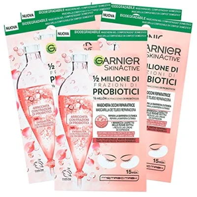 Abbildung von Garnier SkinActive Augenmaske zur Reparatur 1/2 Millionen Fraktionen von Probiotika für alle Hauttypen, minimiert feine Falten aus biologisch abbaubarem Stoff 5 Packungen mit je 1 Anwendung