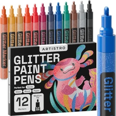 Abbildung von Artistro 12 Glitzer Farbstifte, funkelnd und glänzend, zum Bemalen von Steinen, Stein, Keramik, Glas, Holz, Stoff, Scrapbooking, Basteln, Ausmalen, Acryl Glitzermarker, mittlere Spitze 3,0 mm
