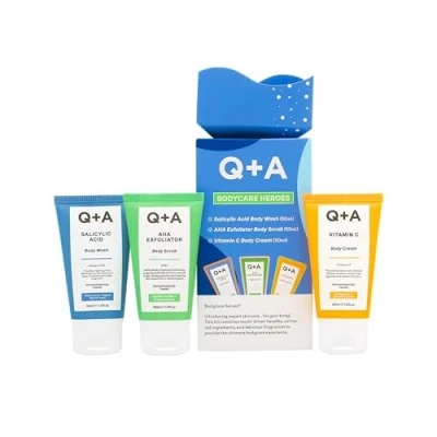 Abbildung von Q+A Bodycare Heroes Geschenkset 3 Schritte Hautpflegeroutine: Salicylsäure Duschgel, AHA Peeling Scrub &amp; Vitamin C Körpercreme, Reisegröße 50 ml jeweils, Peelen, Glätten Strahlen, Hautverfeinerung
