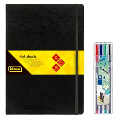 Abbildung von Idena 90334 Notizbuch DIN A4 mit 192 Seiten, kariert, inkl. 4 STAEDTLER Triplus Fineliner superfeiner, metallgefasster Spitze, 0.3 mm