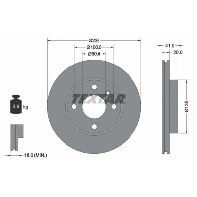 Abbildung von TEXTAR PRO 92278703 Bremsscheibe 236 20 04/05 100 innenbelüftet beschichtet ohne Radlager, Radbefestigungsbolzen, Radnabe OPEL: Karl