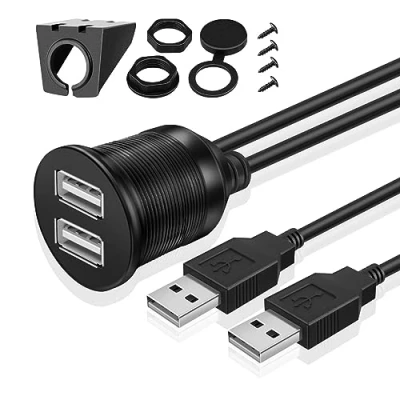 Abbildung von TNP USB Einbaubuchse Kabel 1m, Kfz Einbau Buchse Kabel, Verlängerungskabel, runder Armaturenbrett 2x Stecker auf Adapter für Auto, LKW, Boot, Motorrad, schwarz