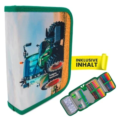 Abbildung von itenga Schüler Etui 28 teilig gefüllt 1 Zipper Federmäppchen für Jungen und Mädchen (Traktor)