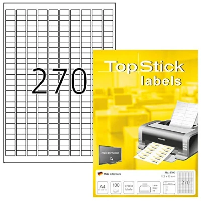 Abbildung von TopStick 8790 Universal Etiketten, 100 Blatt, 17,8 x 10 mm, 270 pro A4 Bogen, 27000 Stück, selbstklebend, bedruckbar, matt, blanko Papier Klebeetiketten Aufkleber, weiß