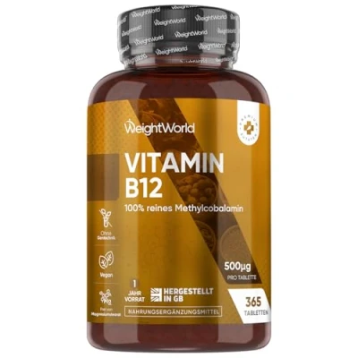 Abbildung von Vitamin B12 500µg Tabletten 365 vegane Stücke 1 Jahr Vorrat Für Nervenfunktion, Energiestoffwechsel, Immunsystem (EFSA) Reines Methylcobalamin Vegan &amp; Vegetarisch WeightWorld