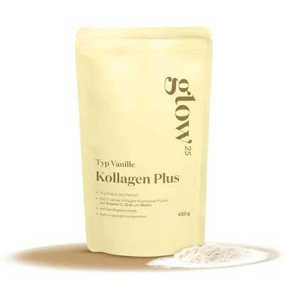 Abbildung von Glow25® Collagen Plus Vanille [450g] Kollagen Hydrolysat mit Vitamin C, Zink und Biotin Peptide Typ 1 3 Gute Löslichkeit Neutral