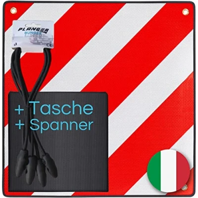 Abbildung von PLANGER® Warntafel Italien (50 x 50 cm) + Spanner +Tasche Reflektierendes Warnschild rot weiß für Heckträger u Fahrradträger