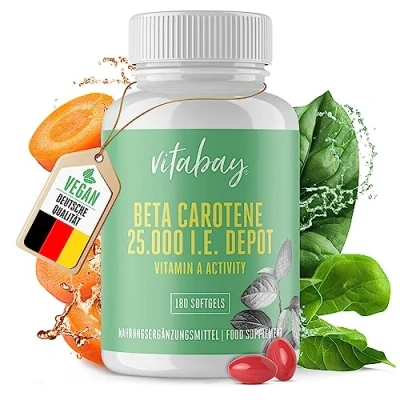 Abbildung von Vitabay Beta Carotin Depot Bräunungskapseln 180 VEGANE SOFTGELS mit 25000 I.E Vorstufe von Vitamin A hochdosiert Kapseln Bräune Karottensaft Karotin