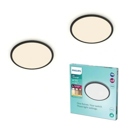 Abbildung von Philips LED Badezimmer Deckenleuchte Superslim, schwarz, 18W, warmweißes Licht 2.700K, 3 Lichteinstellungen dimmen ohne Dimmer, IP44 Schutz, Doppelpack