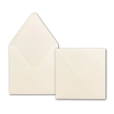 Abbildung von 25 quadratische Briefumschläge in Creme 14,5 x cm Nassklebung mit spitzer Klappe 120 Gramm/m² Marke: NEUSER PAPIER