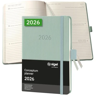 Abbildung von SIGEL C2673 Wochenplaner Wochenkalender 2026, ca. A6, grün, Hardcover, 176 Seiten, Gummiband, Stiftschlaufe, Archivtasche, aus nachhaltigem Papier, Kalenderbuch Conceptum