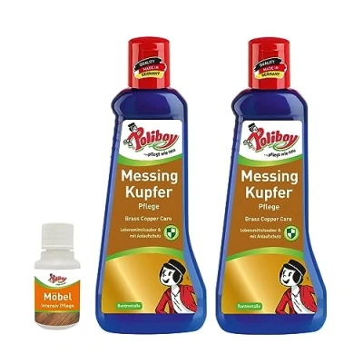 Abbildung von POLIBOY Messing Kupfer Pflege Glanzpolitur zur Entfernung von Anlaufstellen 2x 200 ml Mit Produkt Probe Made in Germany