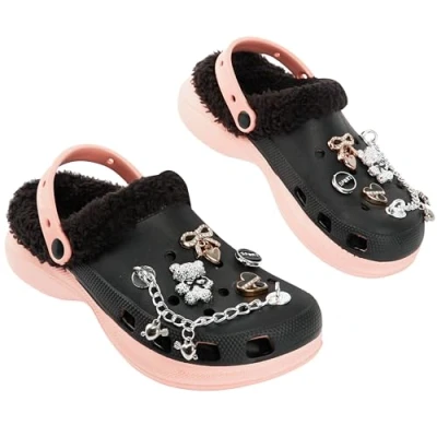 Abbildung von CityComfort Mädchen Clogs mit Fleecefutter &amp; abnehmbaren Ansteckern Garten Hausschuhe (Schwarz, 34 EU)