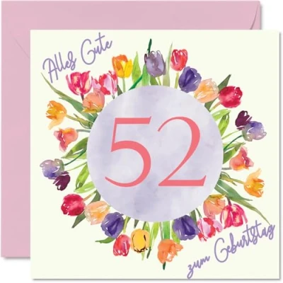 Abbildung von 52. Geburtstagskarte für Frauen Aquarell Tulpen Blumen Strauß Alles Gute zum Geburtstagskarten 52 Jährige Frau Mama Oma Tante, 145mm Zweiundfünfzig Geburtstag Grußkarten