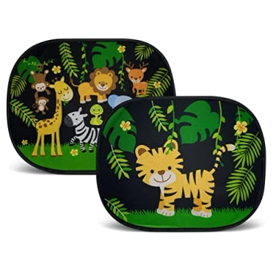 Abbildung von HECKBO 2X Auto Sonnenblende mit 8 Saugnäpfen Dschungel Tiere Motiv 44x36cm Fenster Seitenfenster Sonnenschutz Autosonnenblende Seitenscheibe Tasche für Baby Kinder Mädchen Jungen