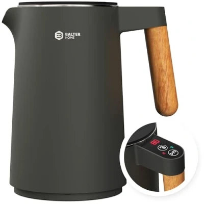 Abbildung von BALTER Edelstahl Wasserkocher mit Temperatureinstellung, 45C 100C, Doppelwand, BPA frei, leise &amp; kabellos, Warmhaltefunktion, Teekocher Temperaturanzeige, 1.5L, 2200W, Schwarz (Blue Gray)