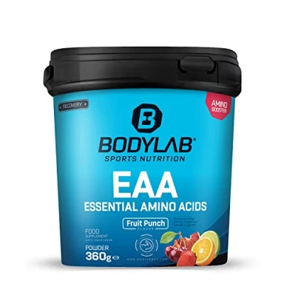 Abbildung von Bodylab24 EAA Essential Amino Acids Fruchtmix 360g, 8 Essentielle Aminosäuren hochdosiert, alle BCAA &amp; enthalten, Plus Vitamin B6, Pulver, lecker fruchtig im Geschmack