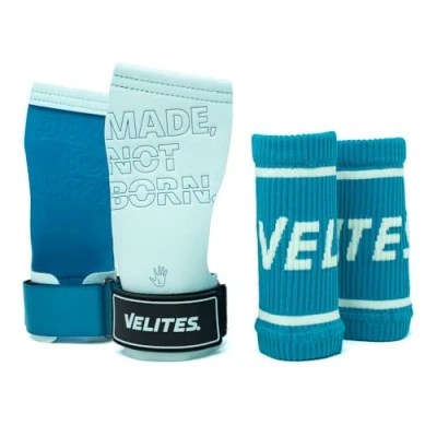 Abbildung von Velites I Quad Pro Crossfit Handschuhe Professionelle Griffe für oder Gymnastik Geeignet Jede Oberfläche Verwendung mit Magnesium Inklusive kostenloser Bänder (Helles Blau, L)