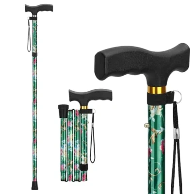 Abbildung von supregear Faltbarer Gehstock Klappbar, Höhenverstellbarer Spazierstock, Flexibler Leichter Reisestock, Zusammenklappbare Gehhilfe zur Balance, für Männer und Frauen, Grün Blumen