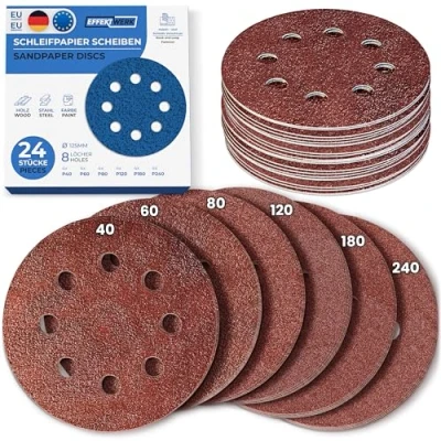 Abbildung von EffektWerk Schleifscheiben (24er Pack, 8 Löcher), 125 mm Schleifpapier mit mehreren Körnungen (40, 60, 80, 120, 180, 240)