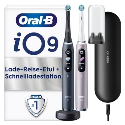 Abbildung von Oral B iO Series 9 Elektrische Zahnbürste/Electric Toothbrush, Doppelpack +3 Aufsteckbürsten, 7 Putzmodi, Magnet Technologie &amp; 3D Analyse, Farbdisplay, Lade Reiseetui, Designed by Braun, Black/ Rose