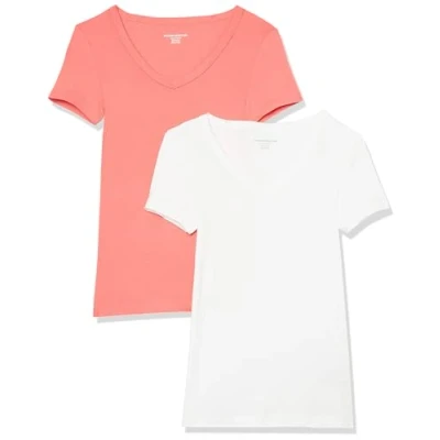Abbildung von Amazon Essentials Damen Kurzärmeliges T Shirt mit V Ausschnitt, Schmale Passform, 2er Pack, Weiß/Intensive Rosa, XS