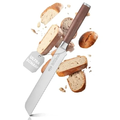 Abbildung von RÖSLE Brotmesser Masterclass, Hochwertiges Küchenmesser zum Schneiden von Brot, Brötchen und Baguette, Made in Solingen, Wellenschliff, Klingenspezialstahl, Nussbaumholz