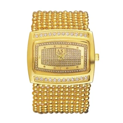 Abbildung von JewelryWe Uhren Damen Rechteckig Gold: Glitzer Strass Analog Quarz Armbanduhr Breit Mehrreihig Perlenarmband Metallarmband Damenuhr Bling Beiläufige Uhr mit gläzend großem Rechteck Zifferblatt