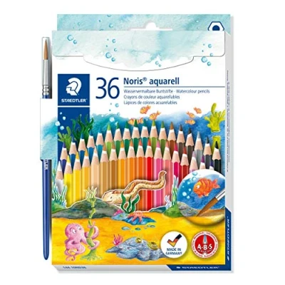 Abbildung von STAEDTLER Noris Club 144 10ND36 Aquarell Buntstifte, erhöhte Bruchfestigkeit, sechskant, Set mit 36 brillanten Farben, kindgerecht nach EN71, PEFC Holz