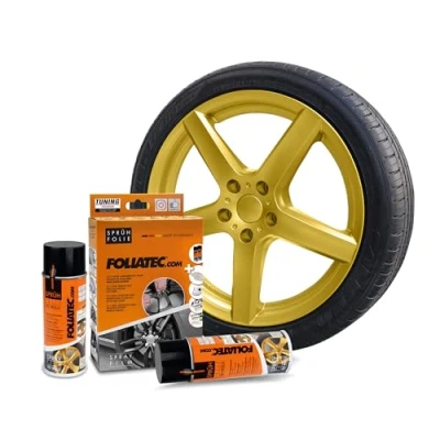 Abbildung von Foliatec Sprühfolie Auto Felgenfolie Sprüh Lack Set für 4 Felgen, Abziehbar, Gute Deckkraft, Gold Metallic Matt, 400 ml (2er Pack)