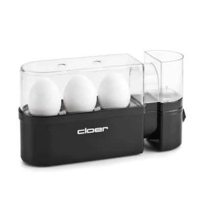Abbildung von Cloer 6020 Eierkocher, bis zu 3 Eier, herausnehmbarer Eierträger, Servierfunktion, 300 Watt, Kunststoff, Schwarz