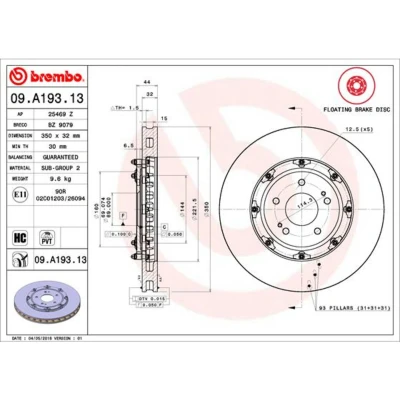 Abbildung von BREMBO TWO PIECE FLOATING DISCS LINE 09.A193.13 Bremsscheibe 350 32 5 innenbelüftet, Verbundbremsscheibe beschichtet hochgekohlt